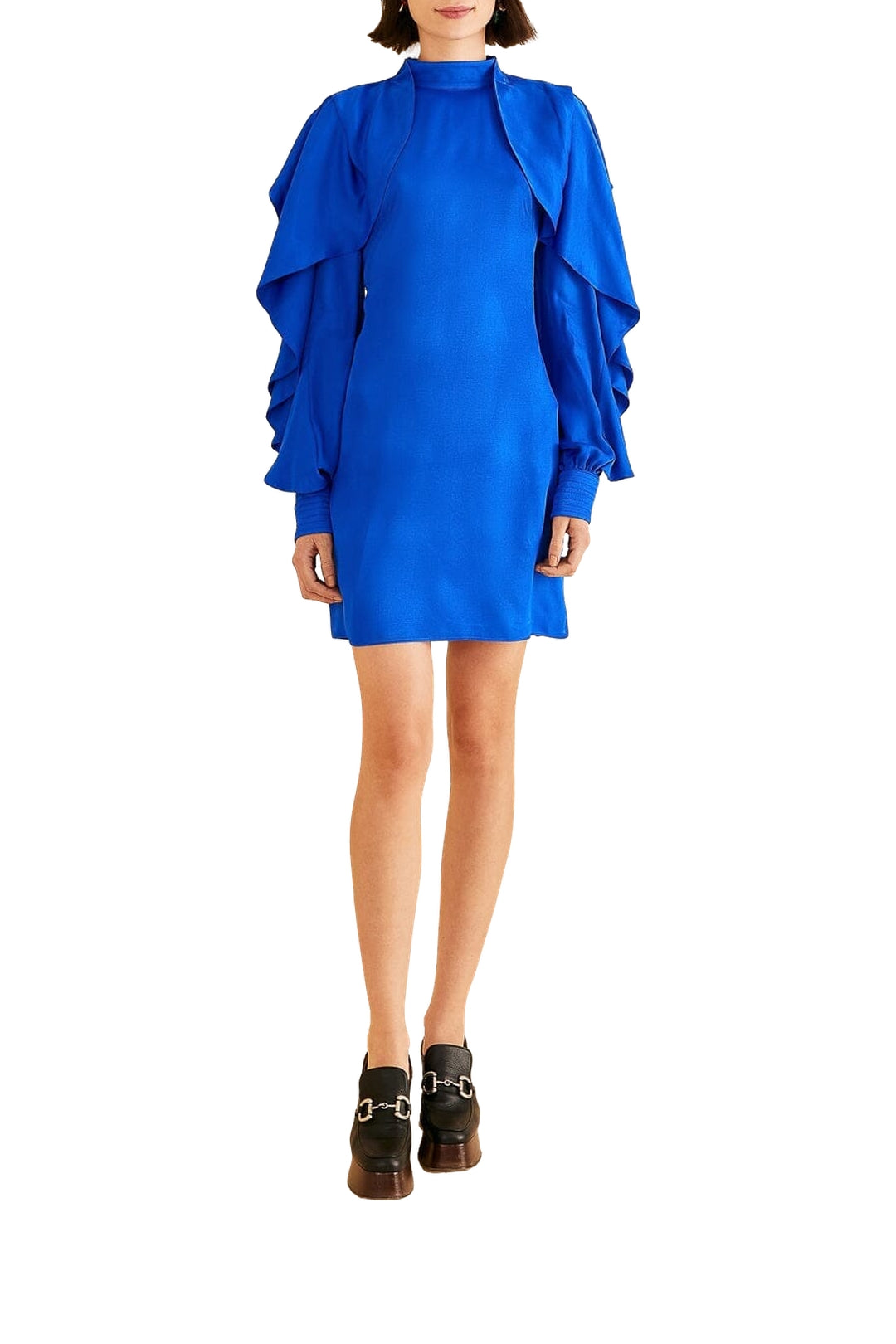 Bright Backless Ruffled Sleeve Short Dress - Blue