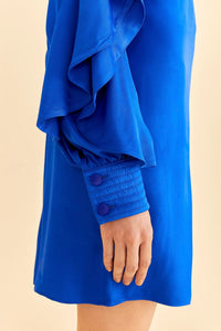 Bright Backless Ruffled Sleeve Short Dress - Blue