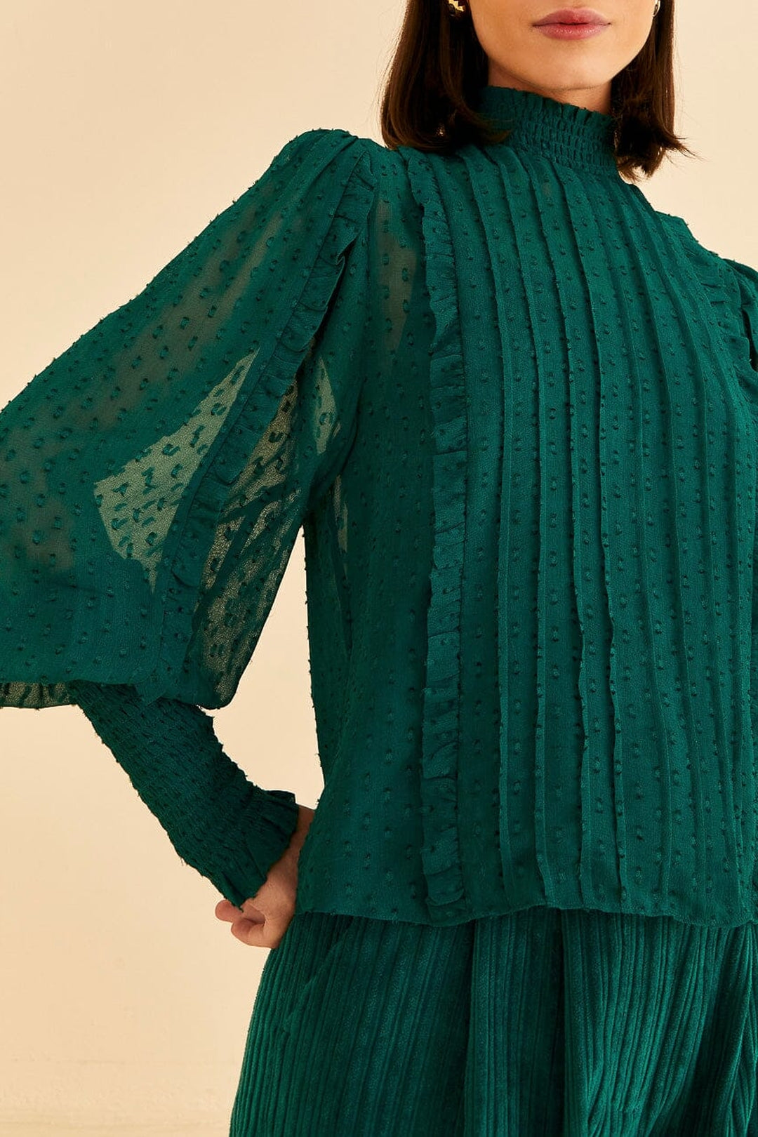 Blouse Ruffled à manches longues - Vert