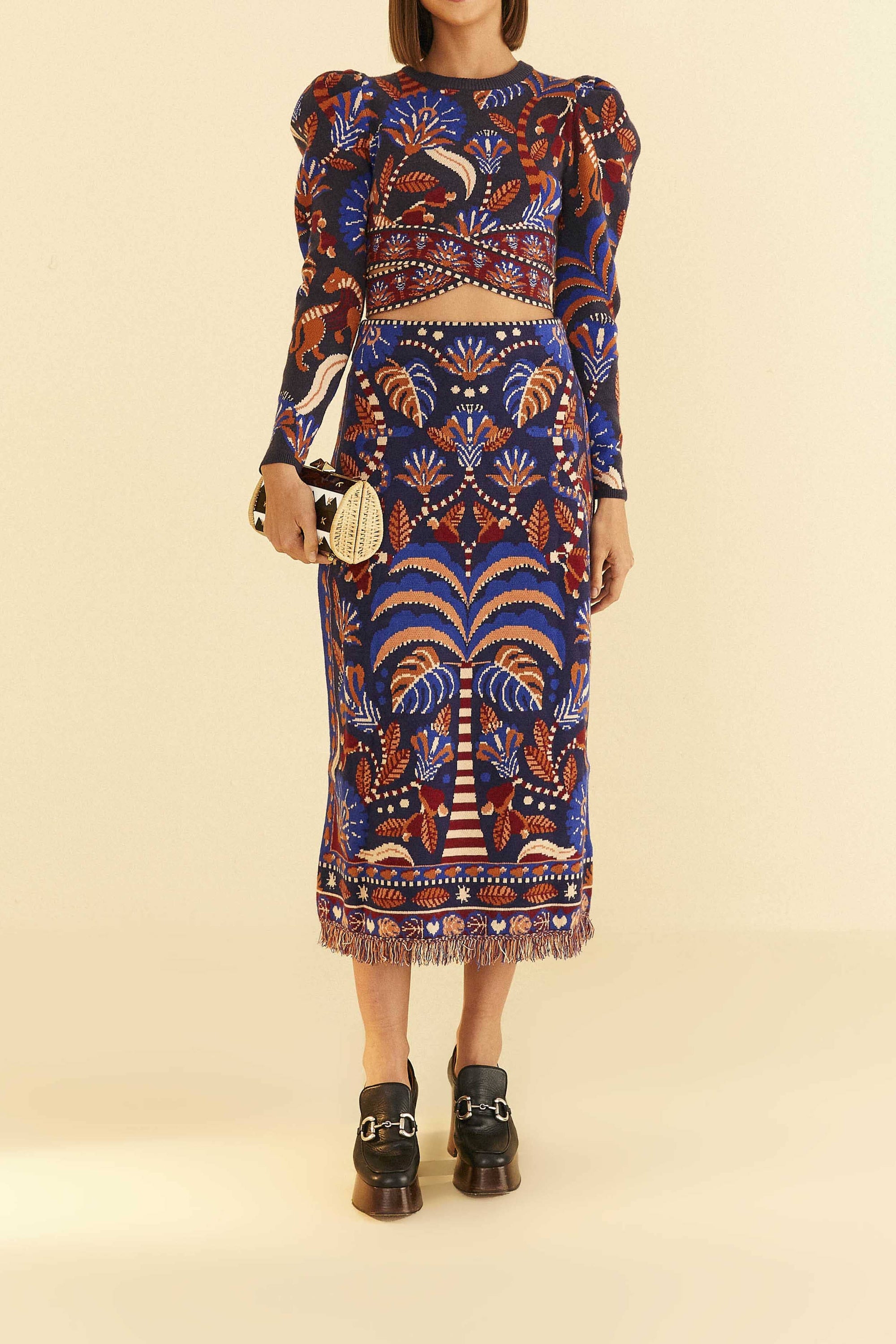 Jupe midi Nature Beauty en maille - Bleu