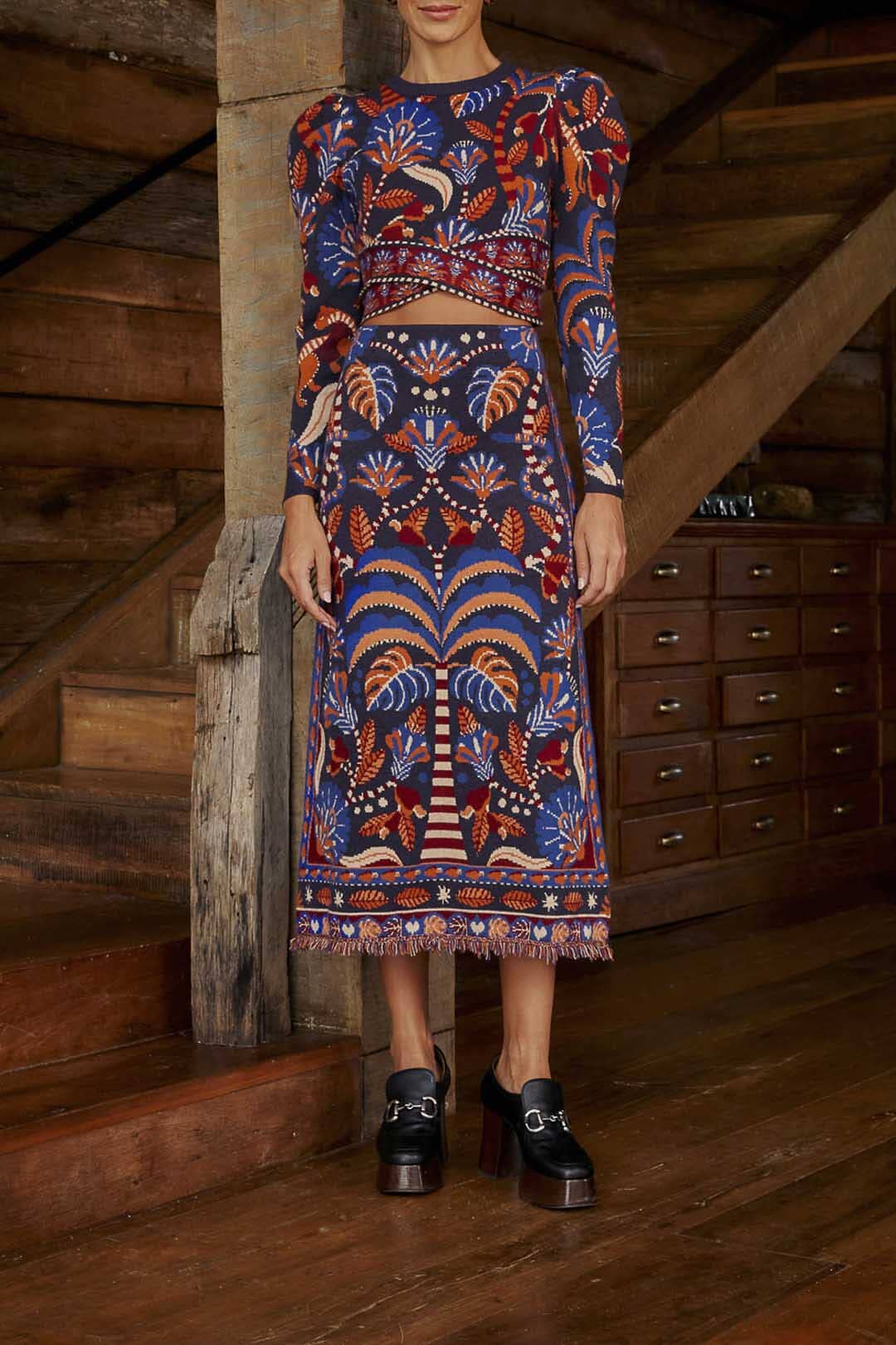 Jupe midi Nature Beauty en maille - Bleu