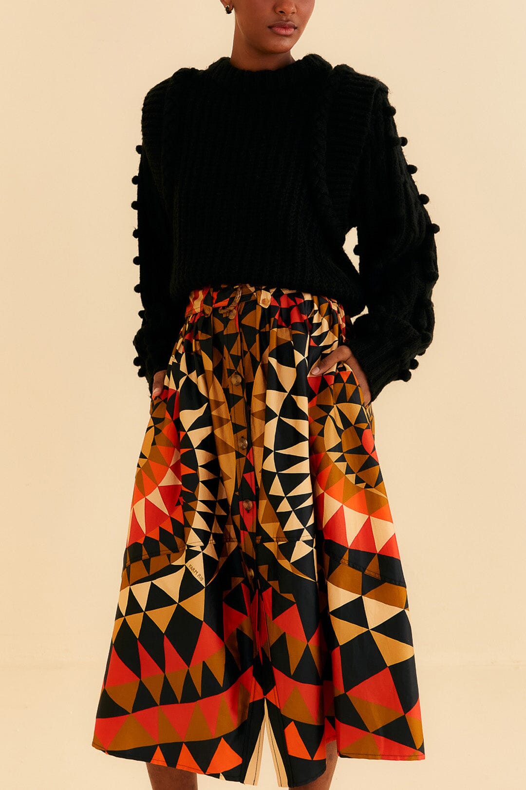Buttoned midi skirt with cotton heart decoration - Orange