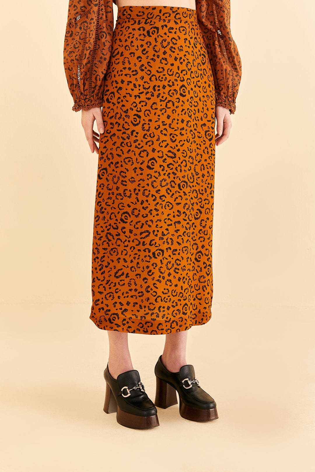 Jupe midi à motif Léopard - Orange