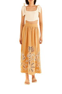 Jupe midi Sand Richelieu en lin - Beige