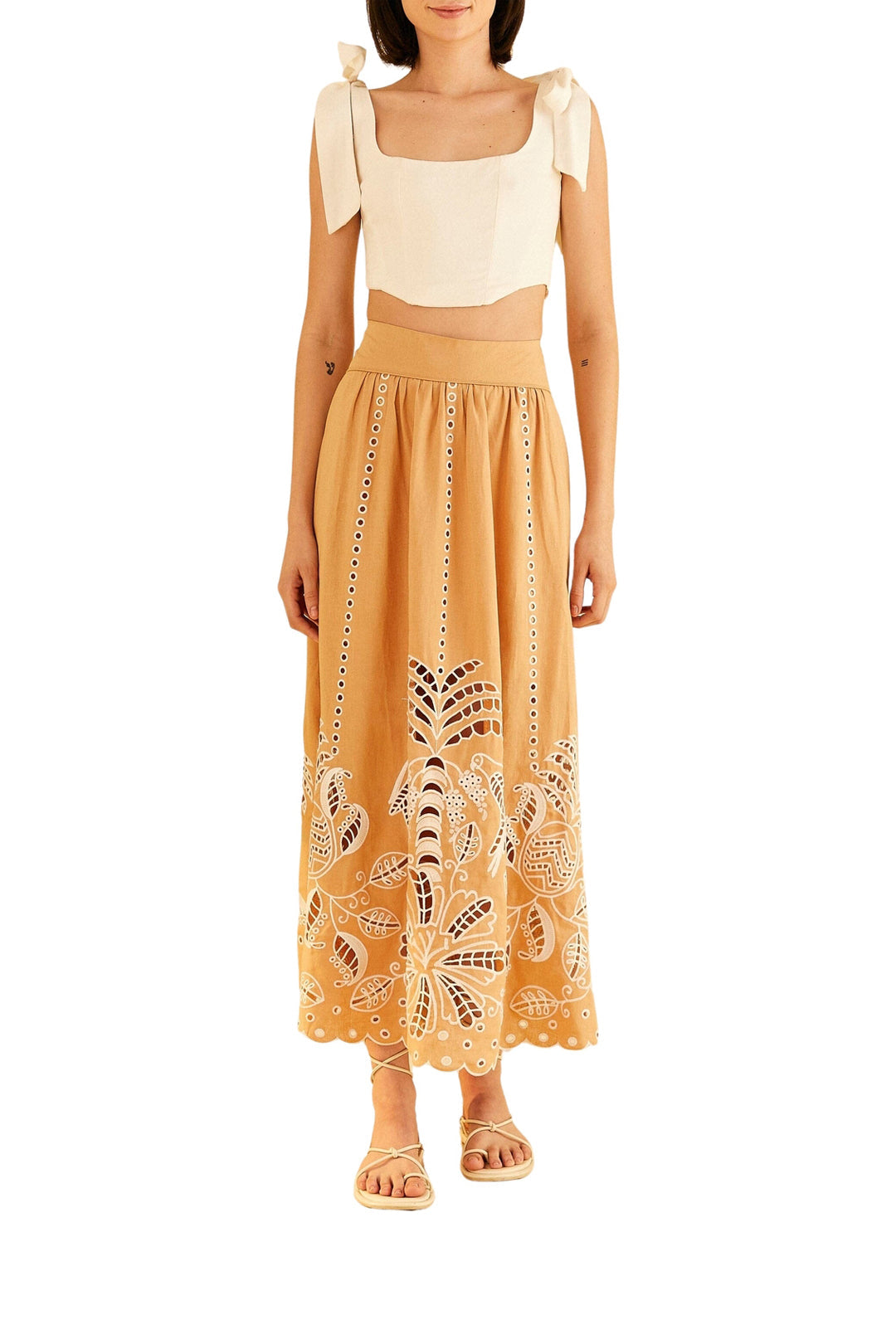 Jupe midi Sand Richelieu en lin - Beige