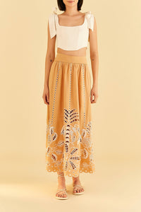 Jupe midi Sand Richelieu en lin - Beige