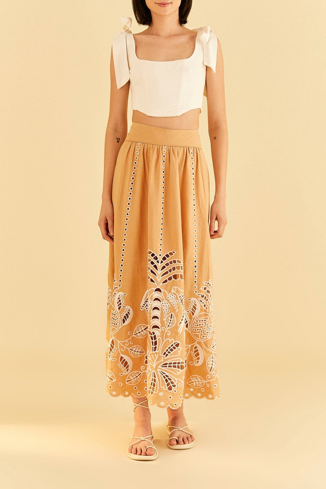 Jupe midi Sand Richelieu en lin - Beige