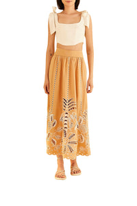 Jupe midi Sand Richelieu en lin - Beige