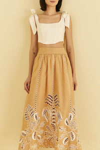 Jupe midi Sand Richelieu en lin - Beige
