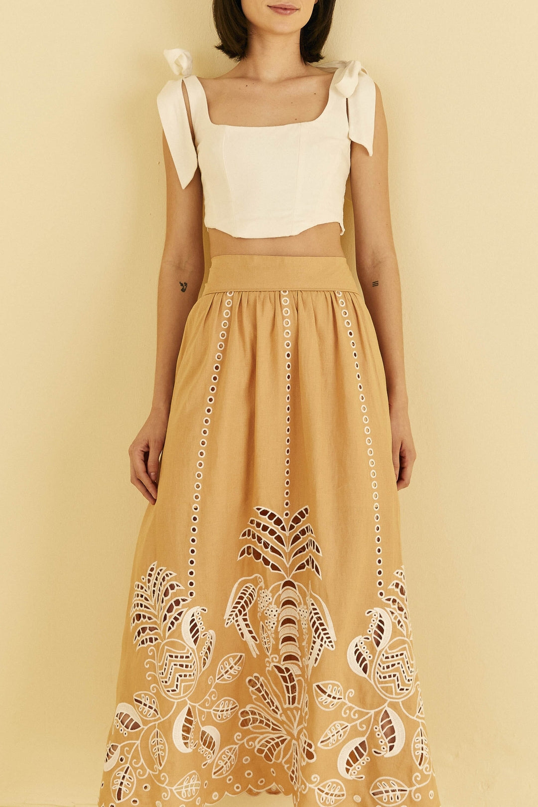 Jupe midi Sand Richelieu en lin - Beige
