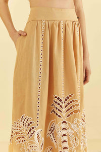 Jupe midi Sand Richelieu en lin - Beige