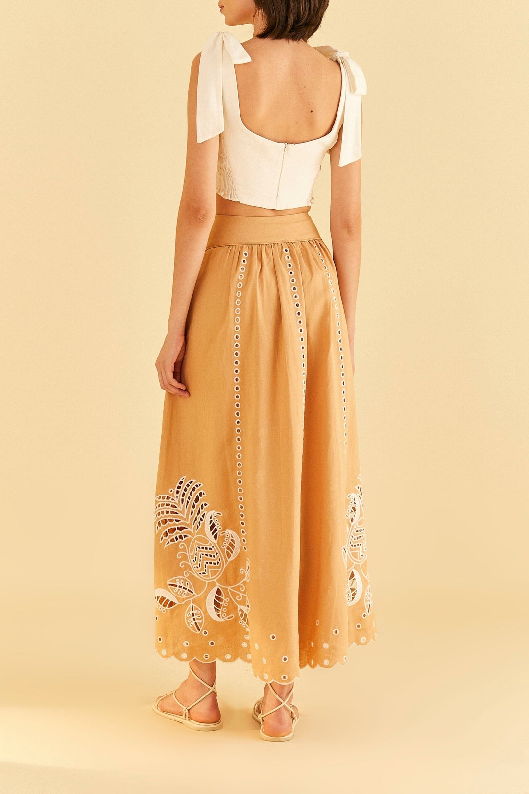 Jupe midi Sand Richelieu en lin - Beige