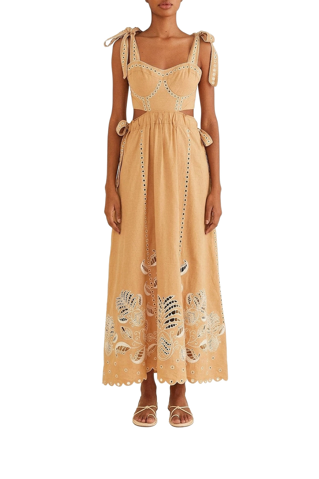Robe longue Richelieu à bretelles en lin - Beige