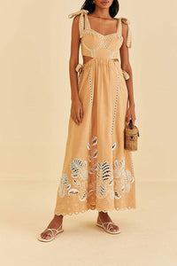 Robe longue Richelieu à bretelles en lin - Beige