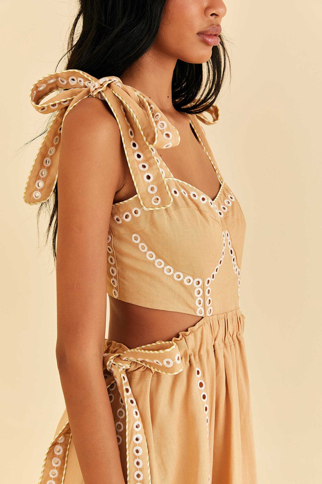 Robe longue Richelieu à bretelles en lin - Beige