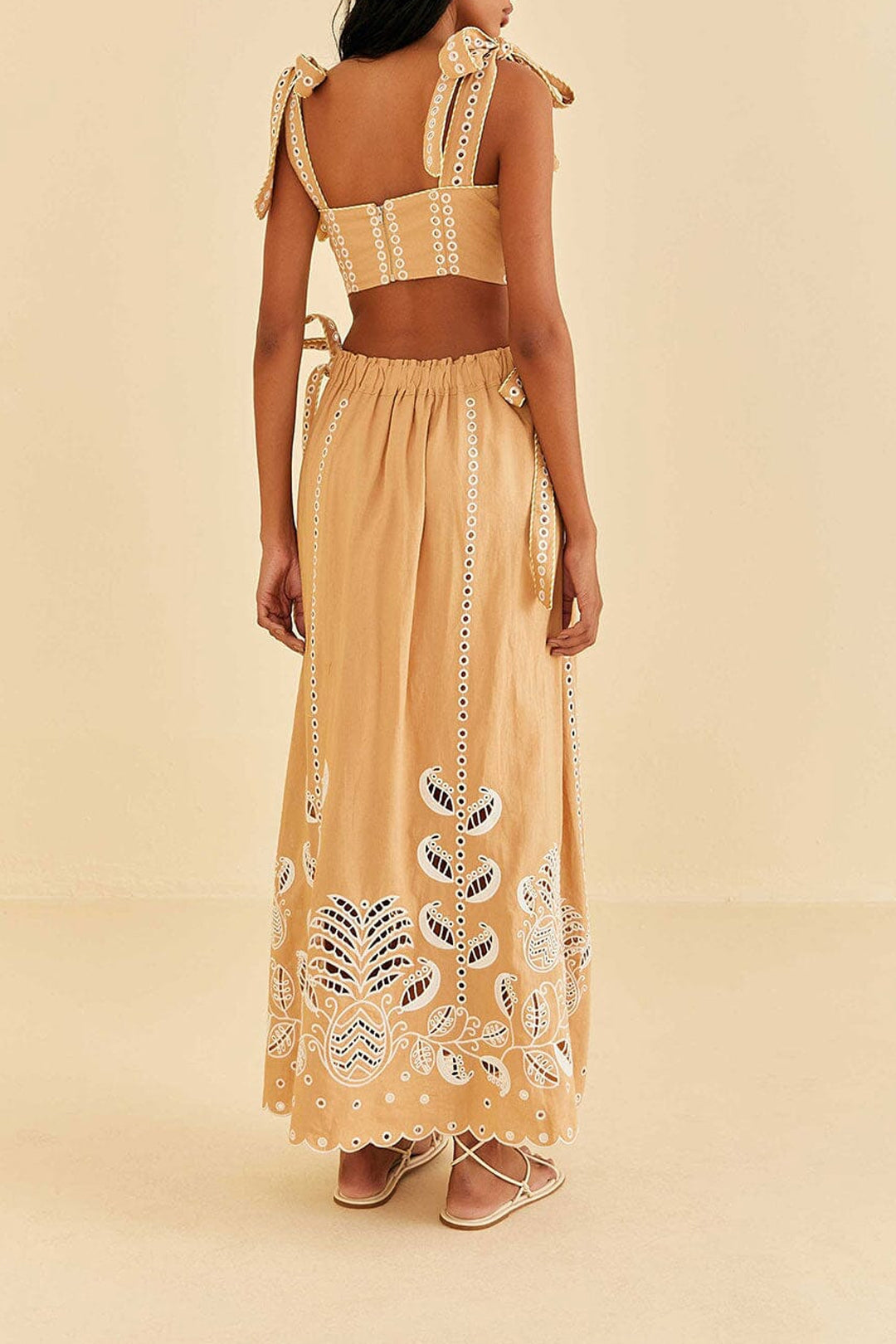 Robe longue Richelieu à bretelles en lin - Beige
