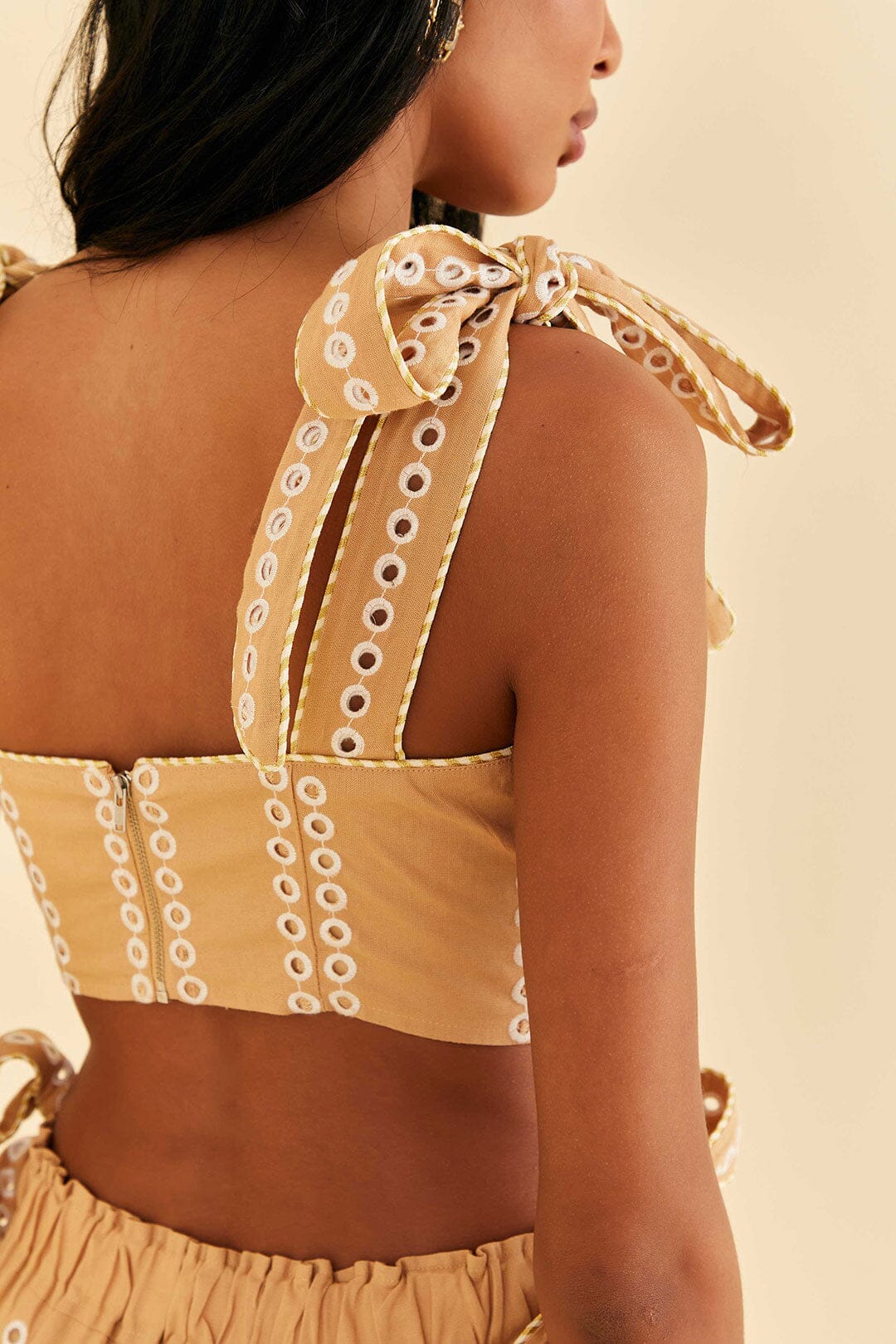 Robe longue Richelieu à bretelles en lin - Beige