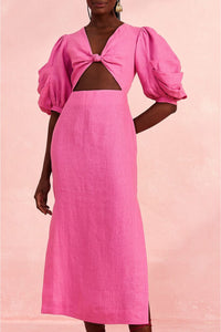 Robe midi à manches courtes en lin - Rose
