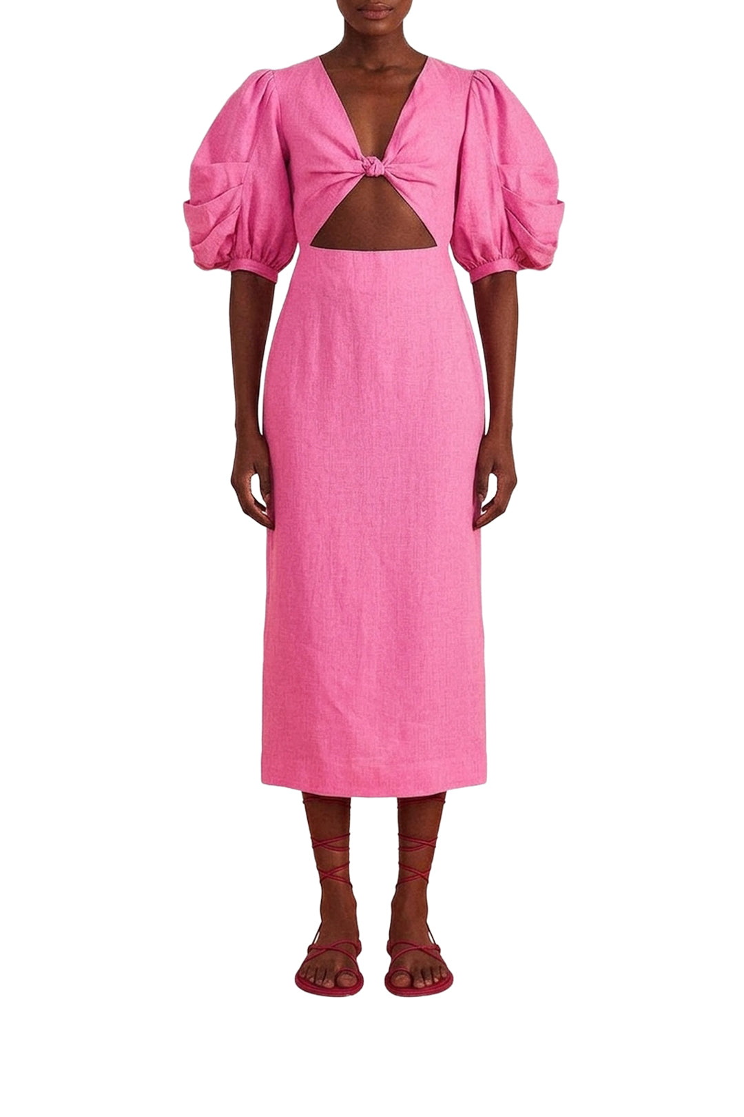 Robe midi à manches courtes en lin - Rose