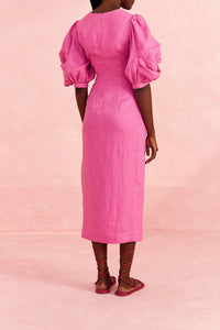 Robe midi à manches courtes en lin - Rose