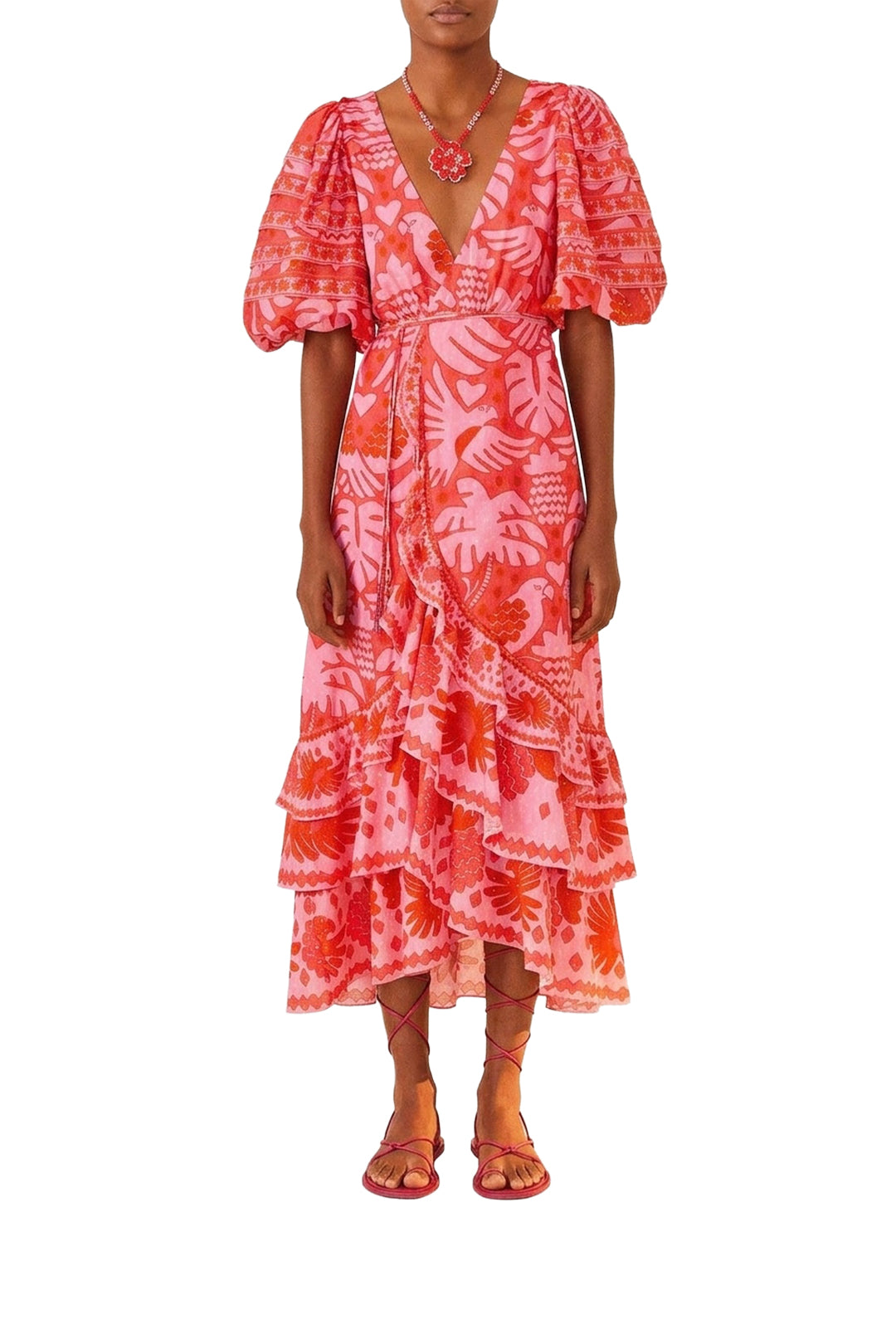 Robe midi portefeuille Jungle en coton - Rouge