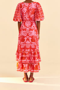 Robe midi portefeuille Jungle en coton - Rouge