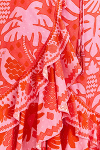 Robe midi portefeuille Jungle en coton - Rouge