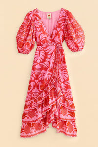 Robe midi portefeuille Jungle en coton - Rouge