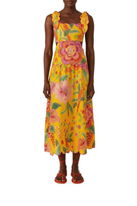 Macaw Bloom midi dress in linen - Yellow