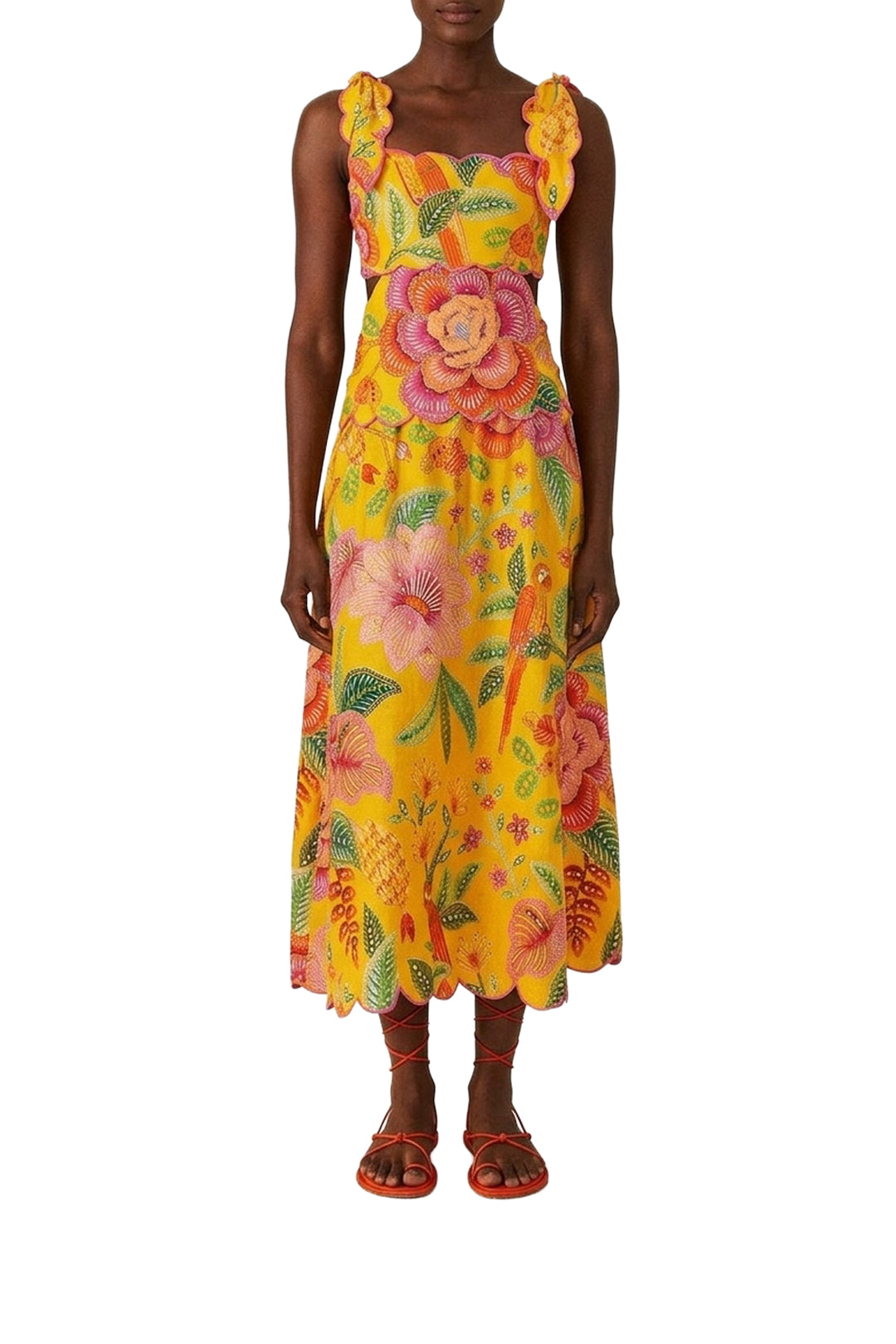 Macaw Bloom midi dress in linen - Yellow