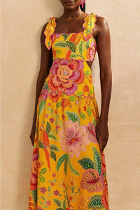 Macaw Bloom midi dress in linen - Yellow