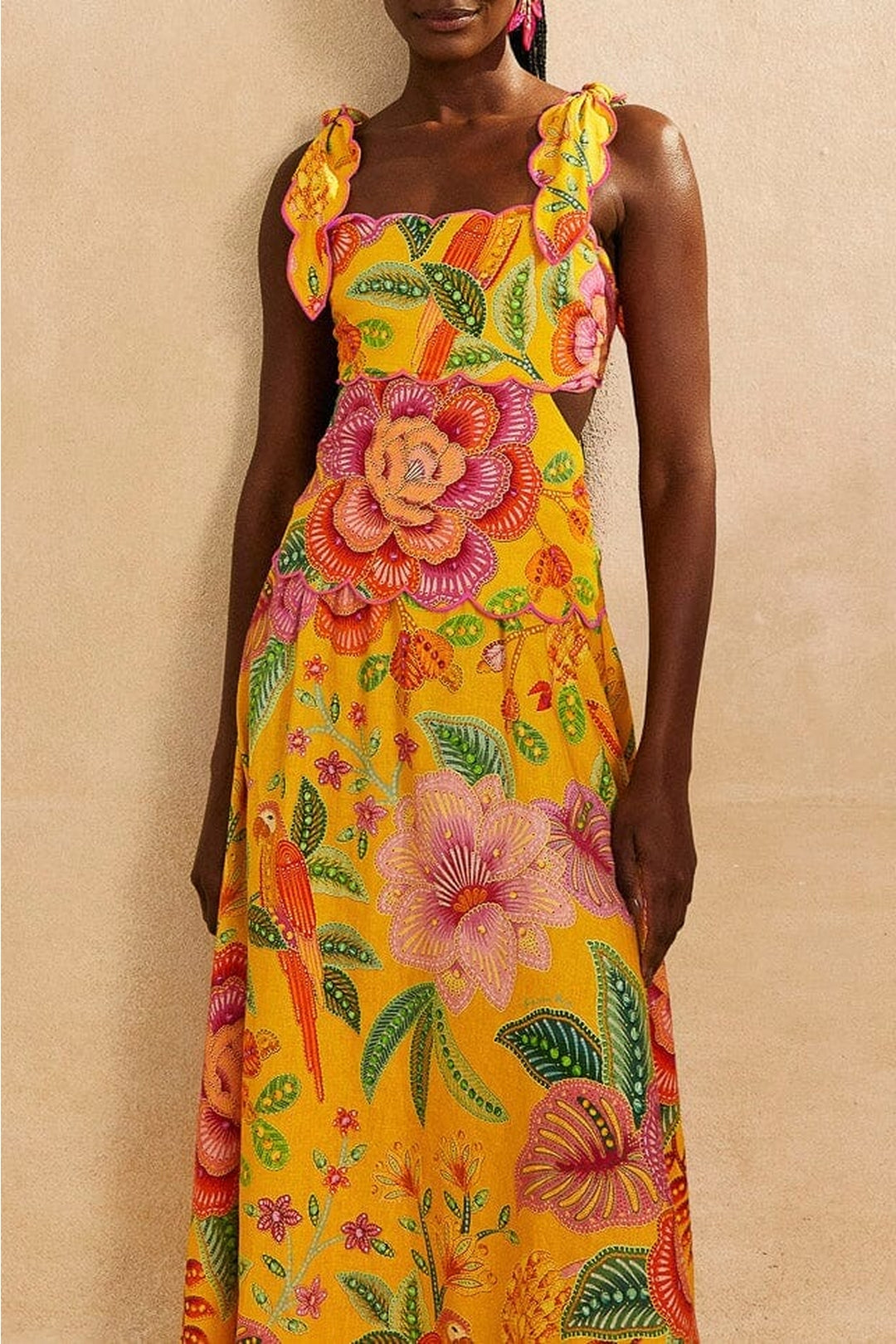 Macaw Bloom midi dress in linen - Yellow