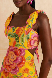 Macaw Bloom midi dress in linen - Yellow