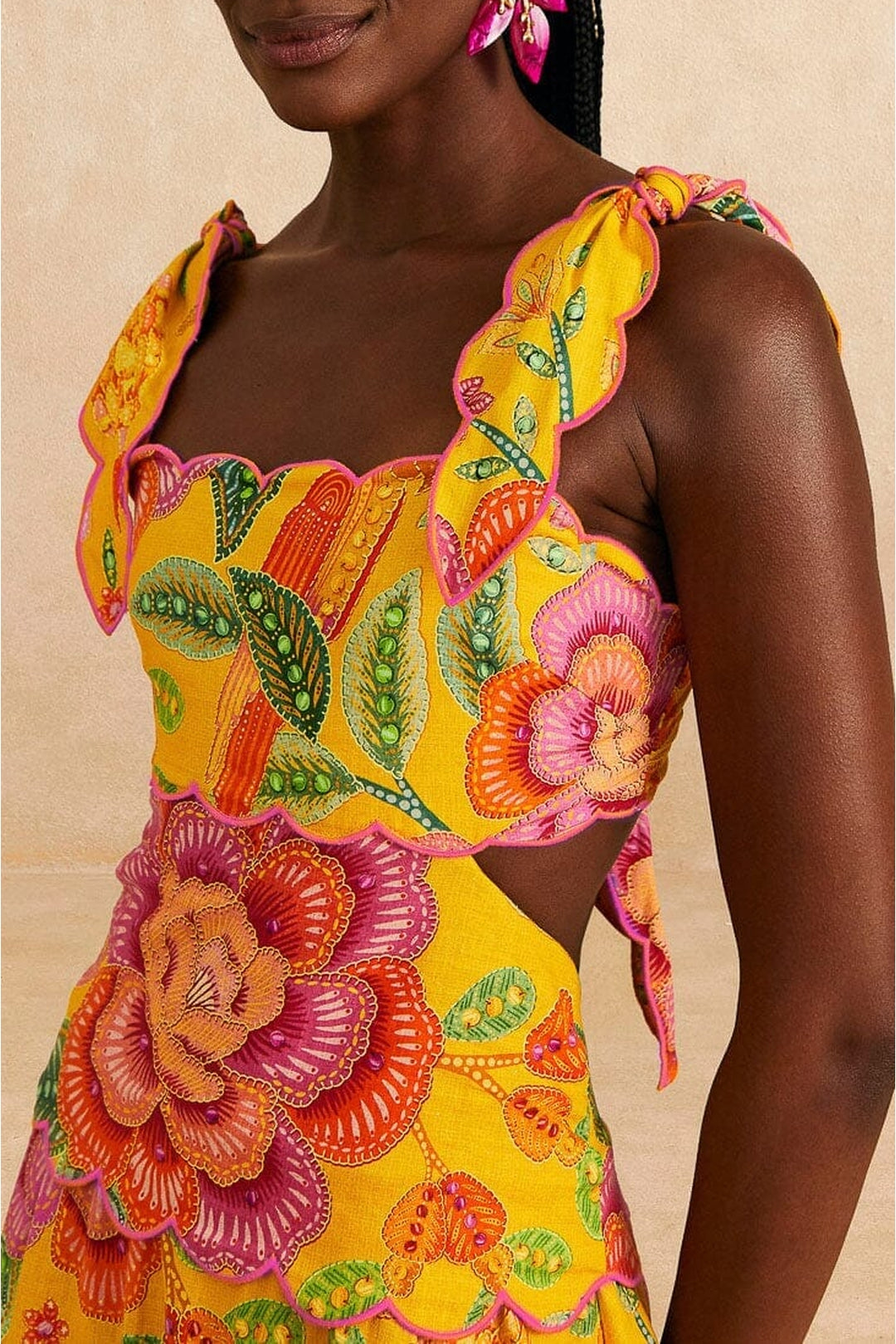 Macaw Bloom midi dress in linen - Yellow