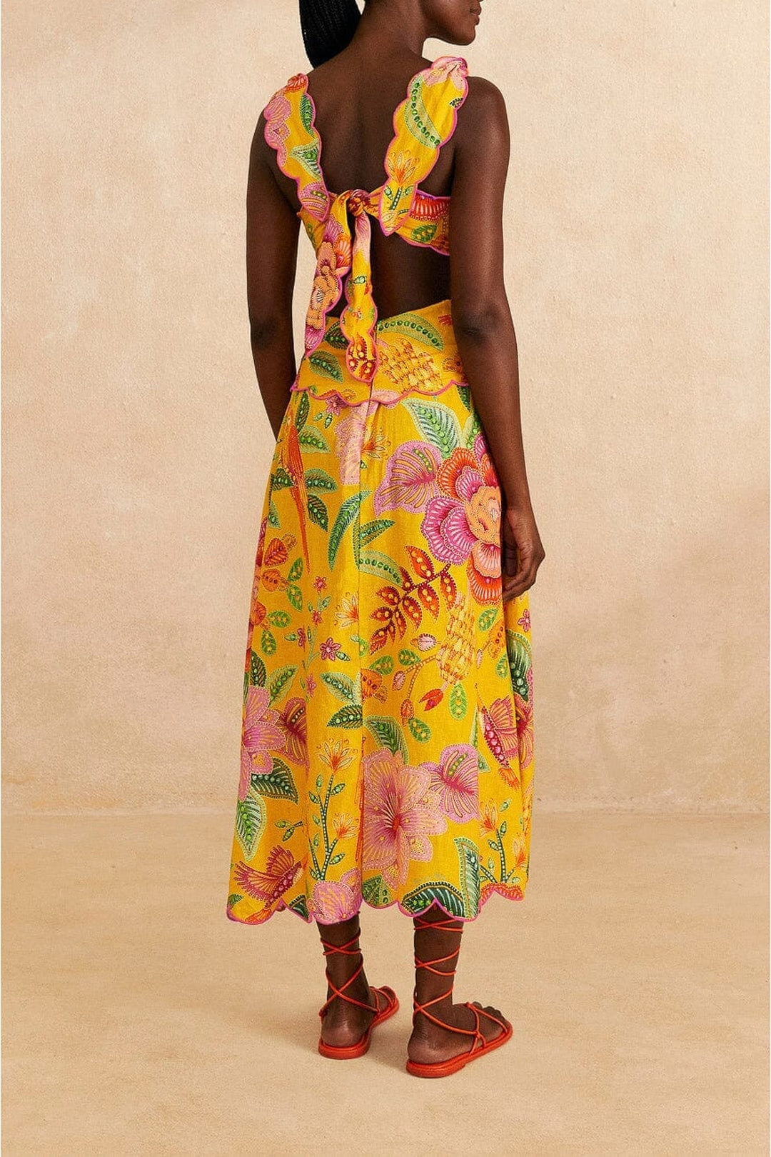 Macaw Bloom midi dress in linen - Yellow