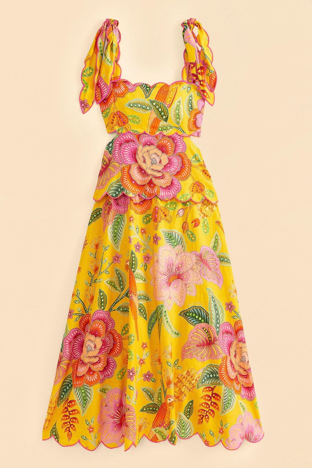 Macaw Bloom midi dress in linen - Yellow