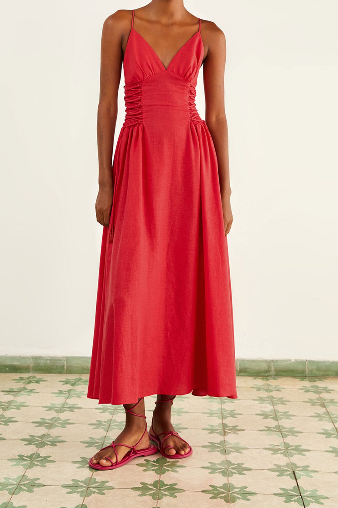 Robe longue à bretelles en lin - Rouge