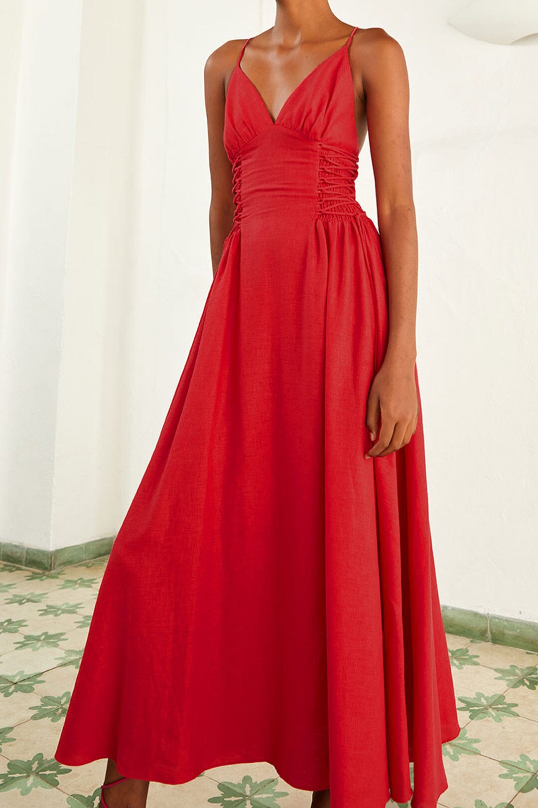 Robe longue à bretelles en lin - Rouge