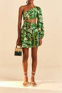 Robe courte asymétrique à feuilles tropicales en lin - Vert