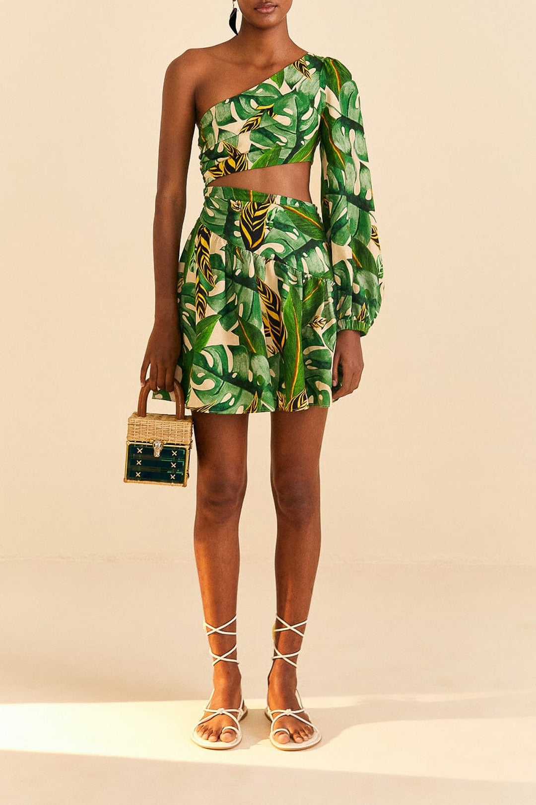 Robe courte asymétrique à feuilles tropicales en lin - Vert