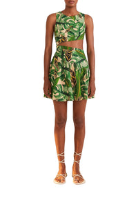 Robe courte asymétrique à feuilles tropicales en lin - Vert