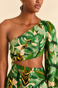 Robe courte asymétrique à feuilles tropicales en lin - Vert