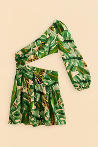 Robe courte asymétrique à feuilles tropicales en lin - Vert