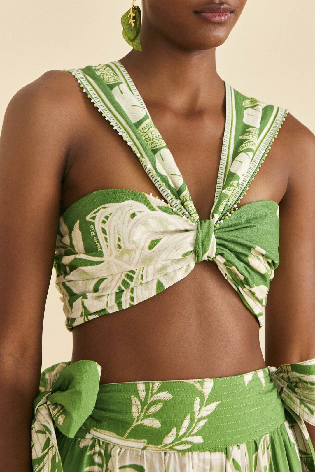 Top court Monstera à dentelle en lin - Vert