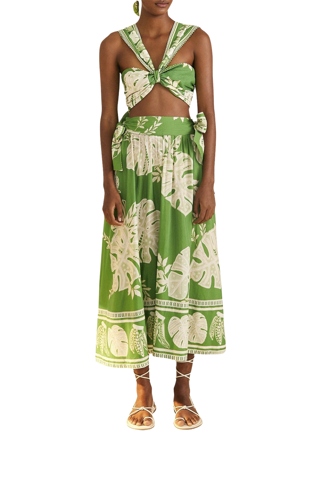Short Monstera top with linen lace - Green