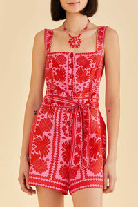 Combi-short Jungle foulard en lin - Rouge