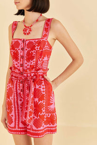 Combi-short Jungle foulard en lin - Rouge