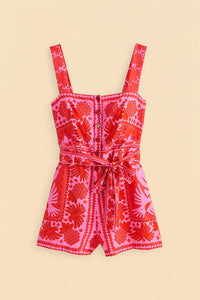 Combi-short Jungle foulard en lin - Rouge