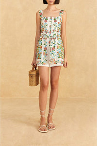 Combi-short à romance tropicale en lin - Blanc