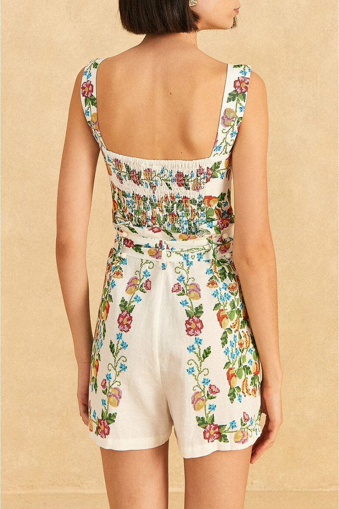 Combi-short à romance tropicale en lin - Blanc